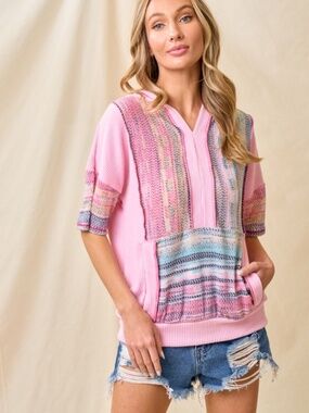 "The Gabby" Pink Multicolor Stripe Contrast Front Hooded Top